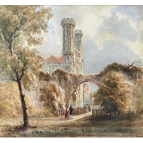 624 - Follower of Samuel Prout, abbey ruins with figures, watercolour, 19 by 12cm, with four other waterco... 