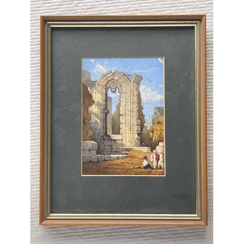 624 - Follower of Samuel Prout, abbey ruins with figures, watercolour, 19 by 12cm, with four other waterco... 