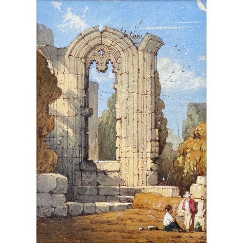 624 - Follower of Samuel Prout, abbey ruins with figures, watercolour, 19 by 12cm, with four other waterco... 