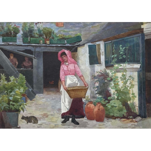 627 - Ralph Todd (British, 1856-1932), Girl with Basket and Cat, titled verso, watercolour, 25 by 34cm, gi... 