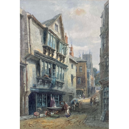 628 - British School, late 19th Century, an English street scene with figures moving house, indistinctly s... 