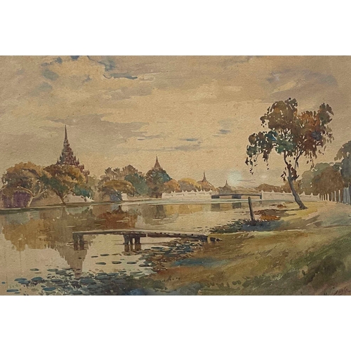 636 - Maung Saya Saung (Burmese, 1898-1952), Burmese river landscapes with temples, a pair, both signed, w... 