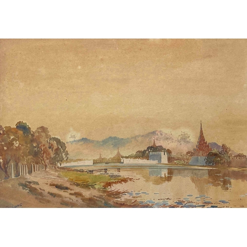 636 - Maung Saya Saung (Burmese, 1898-1952), Burmese river landscapes with temples, a pair, both signed, w... 