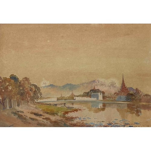 636 - Maung Saya Saung (Burmese, 1898-1952), Burmese river landscapes with temples, a pair, both signed, w... 