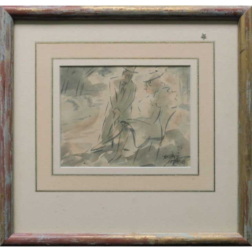 643 - Ernest Fedarb (British, 1905-?), two figures conversing, signed l.r., watercolour, 13 by 17cm, frame... 