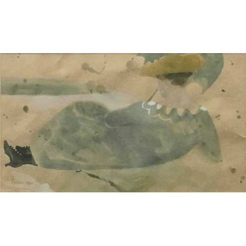 646 - Mary Fedden R.A. (British, 1915-2012), woman reclining on a beach, signed and dated 1980 l.l., water... 