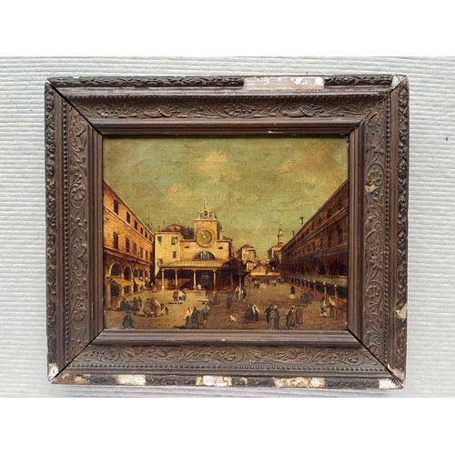 653 - Manner of Canaletto, San Giacomo di Rialto, Venice, oil on canvas, 20 by 25cm, gilt frame