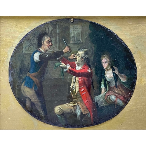 654 - English School, late 18th Century, The Quack Dentist, oil on metal, oval, 16 by 19cm, gilt frame