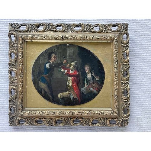 654 - English School, late 18th Century, The Quack Dentist, oil on metal, oval, 16 by 19cm, gilt frame