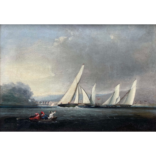 656 - Follower of Nicholas Matthew Condy, yachts racing in an estuary, oil on tin, 21 by 30cm, gilt frame