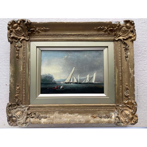 656 - Follower of Nicholas Matthew Condy, yachts racing in an estuary, oil on tin, 21 by 30cm, gilt frame