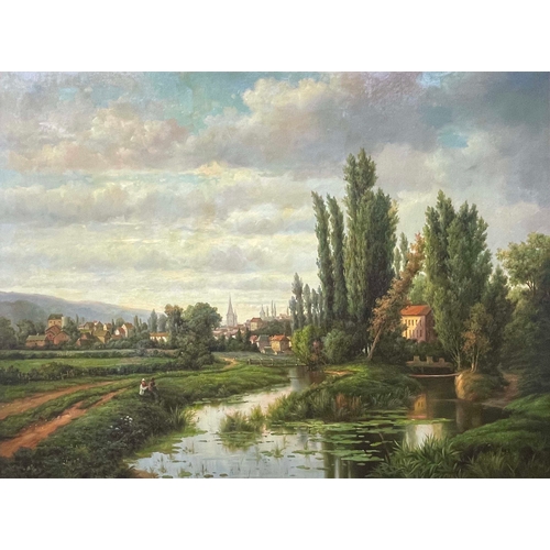 659 - 20th Century, after a 19th Century French original, a river landscape with figures on the bank and a... 