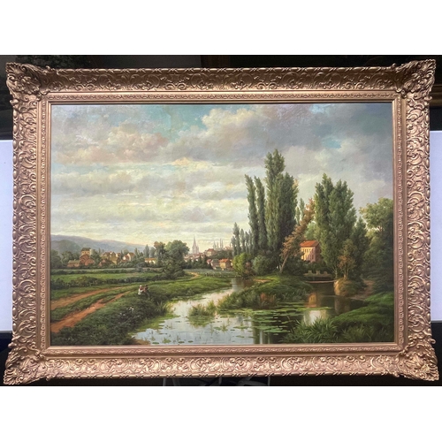 659 - 20th Century, after a 19th Century French original, a river landscape with figures on the bank and a... 