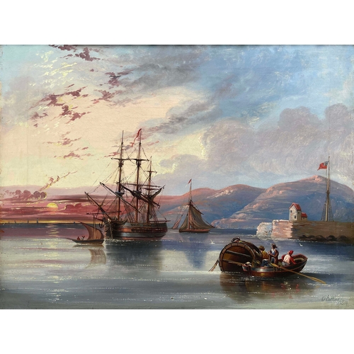 665 - English School, 19th Century, shipping off a coast at sunset, bears signature W. Collins and date  l... 