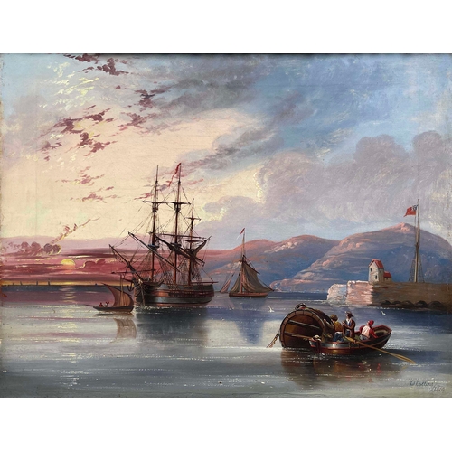 665 - English School, 19th Century, shipping off a coast at sunset, bears signature W. Collins and date  l... 