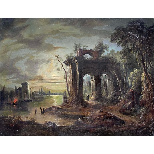 666 - Circle of Sebastian Pether, a figure among ruins by moonlight, oil on re-lined canvas, 71 by 92cm, g... 