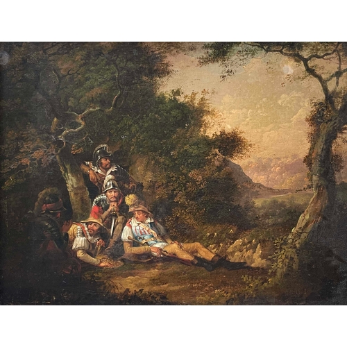 668 - Follower of John Hamilton Mortimer, banditti with their spoils in a wooded landscape, oil on canvas ... 