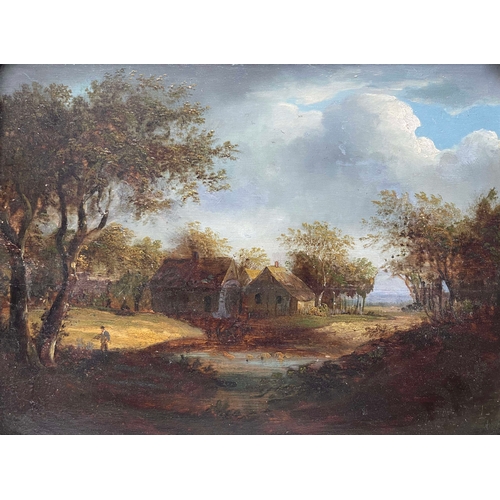 671 - Circle of Charles Morris, a landscape with farm buildings by a pond and figure in the foreground, oi... 