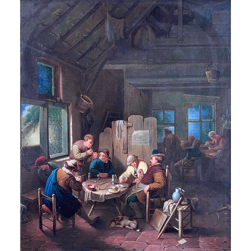 673 - After Adriaen Ostade, peasants in a tavern interior, oil on canvas, 43 by 37cm, gilt frame