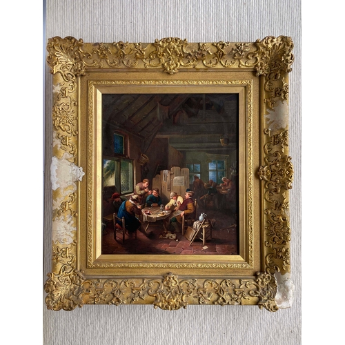 673 - After Adriaen Ostade, peasants in a tavern interior, oil on canvas, 43 by 37cm, gilt frame