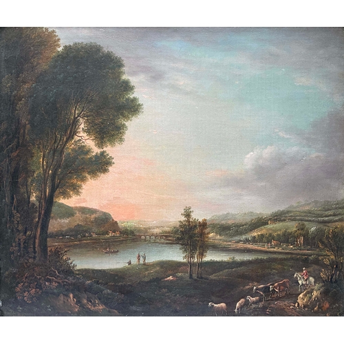 674 - English School, mid 19th Century, a river landscape with a horseman driving cattle and sheep on a ro... 