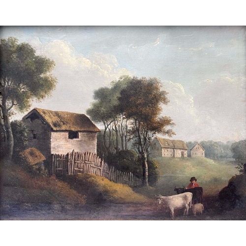 679 - Follower of Peter La Cave, a landscape with a figure tending cattle and sheep by a barn, oil on re-l... 