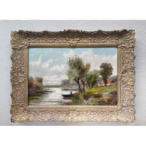 681 - Abraham Hulk II (British, 1851-1922), a river landscape with a figure in a boat in the foreground, s... 