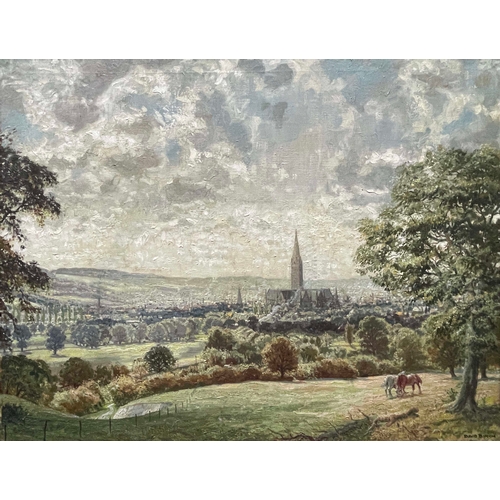 685 - David Birch (British, 1945), Cathedral City, (Salisbury), signed l.r., titled on label verso, oil on... 