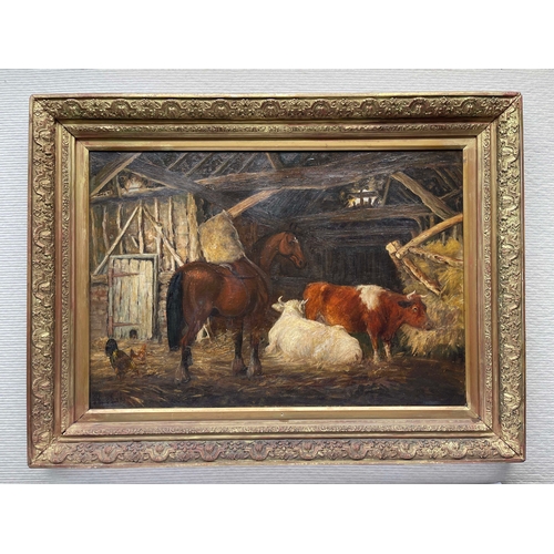 688 - R..Hutchinson (British, 19th Century), a barn interior with cattle, a horse and chickens, signed l.l... 