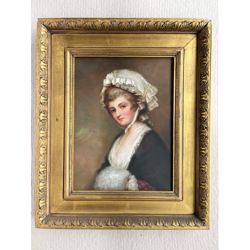 689 - After George Romney. portrait of Mrs Mary Robinson, half length in a white bonnet, signed with initi... 