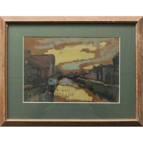 714 - Norman Laycock (British, 1920-1985), canal scene at sunset, signed l.l., oil on board, 16.5 by 24cm,... 