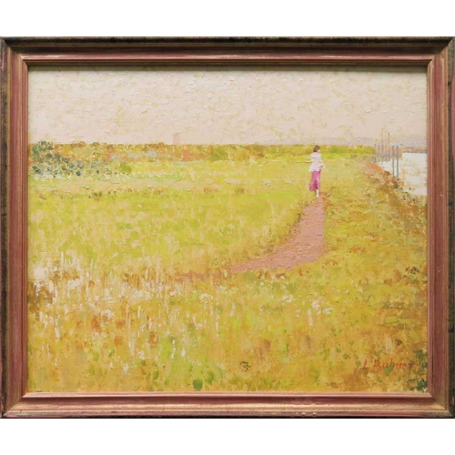 715 - Lionel Bulmer (British, 1919-1992), walking in the meadow, signed l.r., oil on board, 40 by 50cm, fr... 