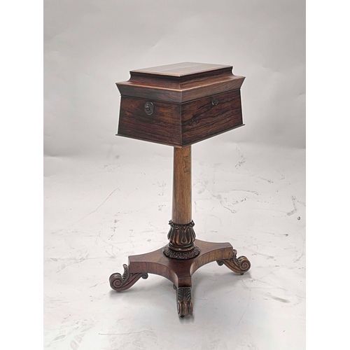 725 - A Regency rosewood teapoy, circa 1820, of sarcophagus form, the hinged cover opening to a fitted int... 