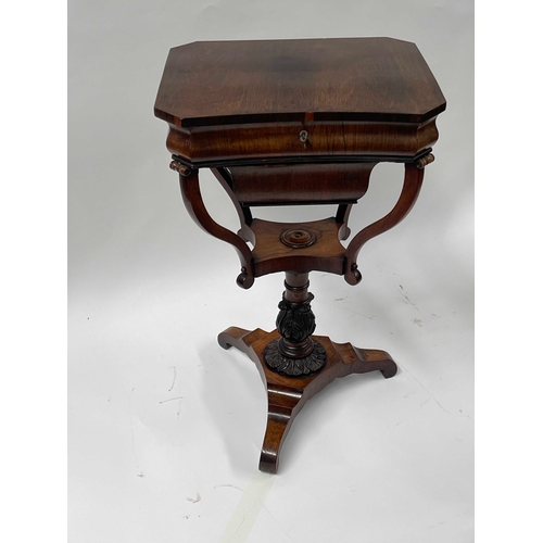 727 - A Regency rosewood work table, circa 1820, canted octagonal hinged top opening to a fitted interior,... 