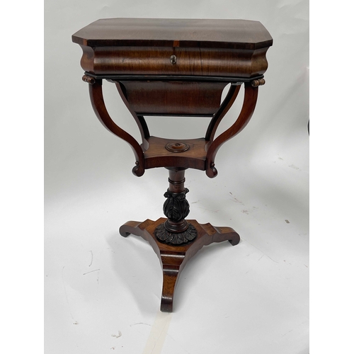 727 - A Regency rosewood work table, circa 1820, canted octagonal hinged top opening to a fitted interior,... 