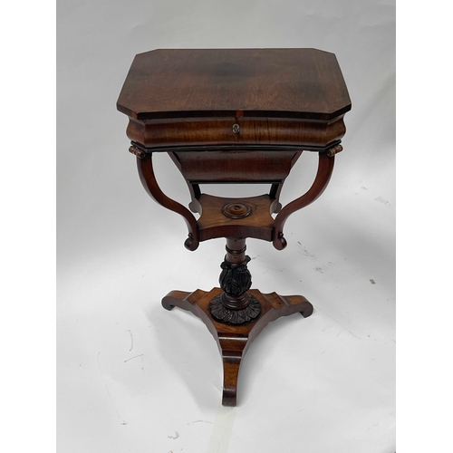 727 - A Regency rosewood work table, circa 1820, canted octagonal hinged top opening to a fitted interior,... 