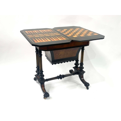 732 - A Victorian games and work table combined, circa 1870, burr walnut and ebonised with gilt metal bead... 