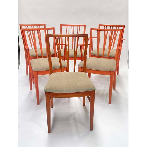 747 - Set of six Scandinavian modernist dining chairs, stained blonde wood, each with three wishbone slat ... 