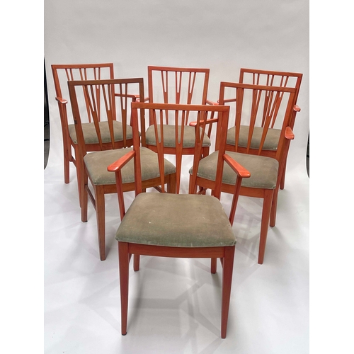 747 - Set of six Scandinavian modernist dining chairs, stained blonde wood, each with three wishbone slat ... 