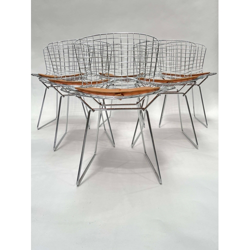 752 - Harry Bertoia for Knoll, a set of six wire side chairs, designed circa 1952, with tan leather seat p... 