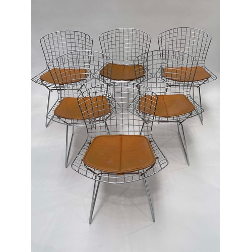 752 - Harry Bertoia for Knoll, a set of six wire side chairs, designed circa 1952, with tan leather seat p... 