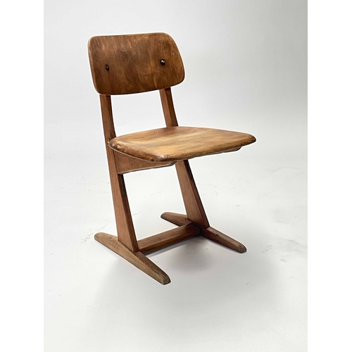 759 - A vintage child's school chair, moulded plywood back, dished cantilever seat, sleigh feet, 59cm high