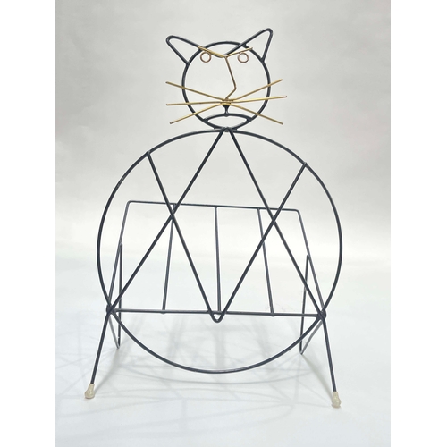 761 - Richard Galef for Ravenware,  a cat magazine rack, circa 1950s, black lacquered wire and brass facia... 