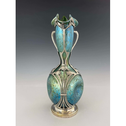 790 - Loetz, a Secessionist iridescent Papillon glass and pewter mounted vase, dimpled double gourd form, ... 