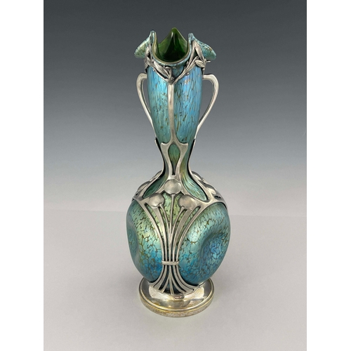 790 - Loetz, a Secessionist iridescent Papillon glass and pewter mounted vase, dimpled double gourd form, ... 