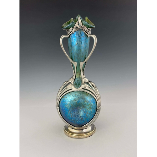 790 - Loetz, a Secessionist iridescent Papillon glass and pewter mounted vase, dimpled double gourd form, ... 