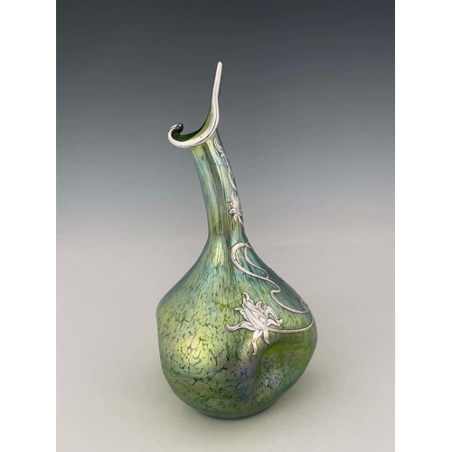 791 - Loetz, a Secessionist iridescent glass and silver overlay Crete Papillon vase, dimpled goose neck bo... 