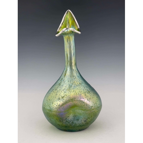 791 - Loetz, a Secessionist iridescent glass and silver overlay Crete Papillon vase, dimpled goose neck bo... 