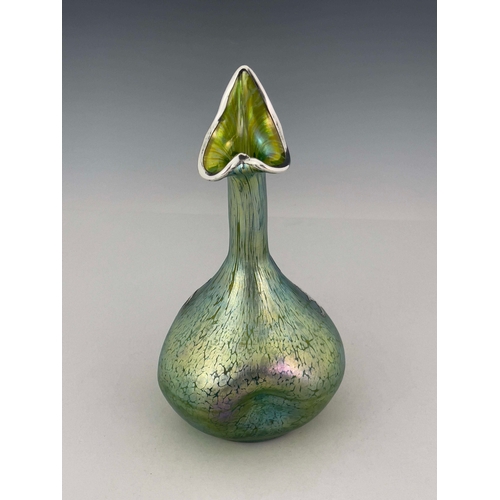 791 - Loetz, a Secessionist iridescent glass and silver overlay Crete Papillon vase, dimpled goose neck bo... 