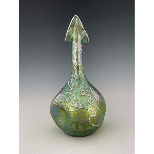 791 - Loetz, a Secessionist iridescent glass and silver overlay Crete Papillon vase, dimpled goose neck bo... 